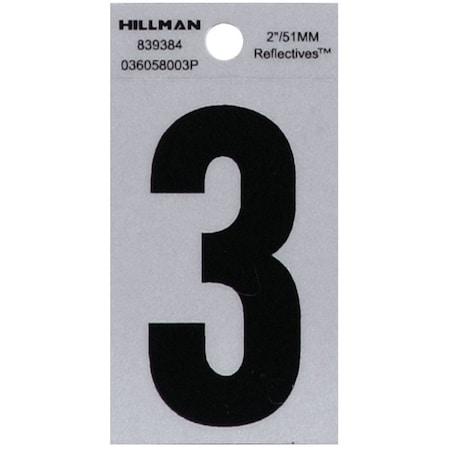 Hillman HILLMAN 2 in. Reflective Black Vinyl Self-Adhesive Number 3 1 pc, PK6 839384